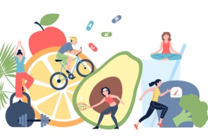Five pillars of wellbeing including nutrition, exercise, sleep, and emotional balance